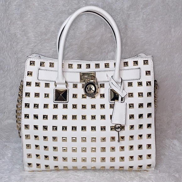 Michael Kors Hamilton Large Pyramid Studded Satchel Shoulder Bag Tote White - Picture 1 of 16